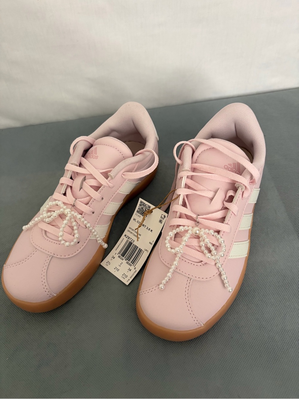 adidas Girls 2.5Y VL Court 3.0 Pink Pearl Bow Gum Sole Sneakers NWT(B288)